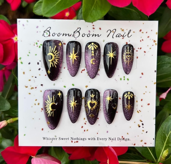 Deep purple cat eye nails/Gold star & moon press on nails/Gothic gel nails/Black fake nails/Sparkle acrylic nail/Celestial nails/Chrome Nail