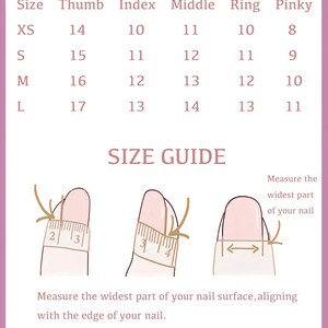 May include: A pink and white nail size guide with text and illustrations. The guide includes a chart with nail sizes in millimeters (mm) and instructions on how to measure the widest part of the nail for accurate sizing.
