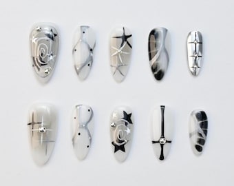 Black Grey Gothic Press On Nails Almond Shape, Cross Star Grunge Y2K Nails, Smoky Marble Chrome Alt Press On Nails, Edgy Handmade Nail Set