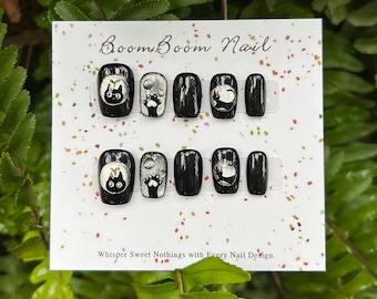 Black kitty nails/Cute cat press ons/Pet gel nails/Cat paw fake nails/Kawaii manicure/Silver cat eye acrylic nails/Fancy Unique nail/Elegant