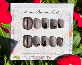 Black kitty nails/Cat press ons/Cute gel nails/Cat paw fake nails/Pink Purple cat eye acrylic nails/Sparkle manicure/Unique nails/Fall nails