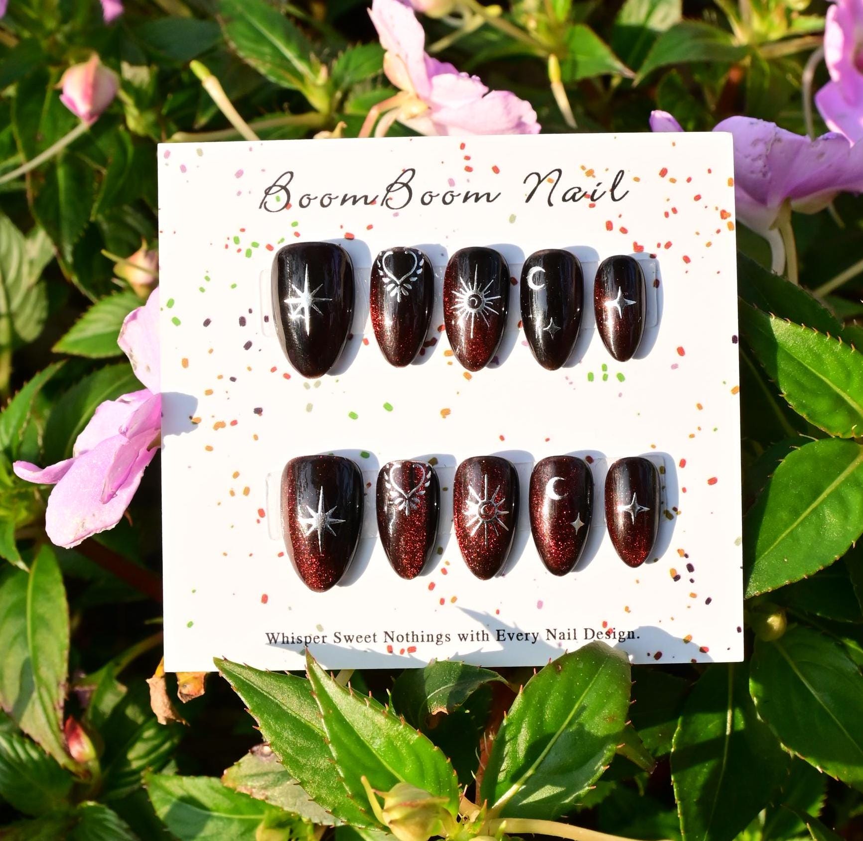 Dark red cat eye nails/Silver star & moon press ons/Gothic gel nails/Black fake nails/Sparkle acrylic nail/Unique manicure/Chrome heart nail