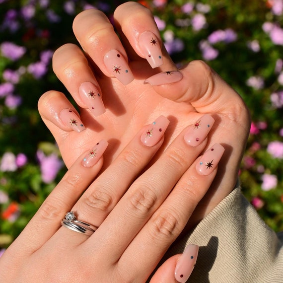 Gold star nails/Colorful dot press ons/Pink gel nails/Simple nail art/Short coffin nails/Unique manicure/Holiday acrylic nails/Elegant nails