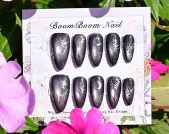 Dark silver cat eye nails/Star & moon press on nails/Gothic gel nails/Black fake nails/Sparkle acrylic nails/Unique manicure/Chrome Nail art