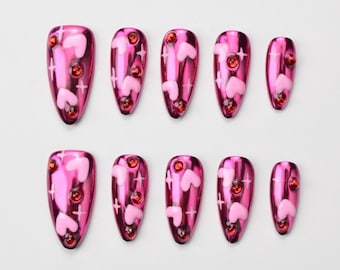 Pink Chrome Press On Nails, Y2K Coquette Heart Fake Nails, Barbiecore Rhinestone Nails, Metallic Hot Pink Almond Nails, Cute Glam Nail Set