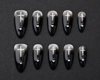 Zwart gotisch kruis acrylnagels, donkere religie nepnagels, luxe Witchy amandelnagels, handgemaakte zwarte nagels, esthetisch cadeau vampier