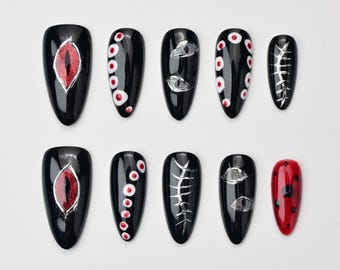 Uñas de ojo de demonio/Uñas de Halloween/Uñas postizas negras/Uñas de hueso plateadas/Uñas de gel sangrientas/Uñas postizas de terror/Uñas acrílicas espeluznantes/Uñas almendradas