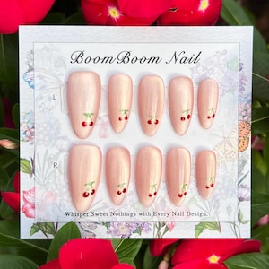 Cherry nails/Light pink cat eye press on nails/Simple gel nails/Holiday fake nails/Unique acrylic nails/Cute manicure/Wedding nails/Almond