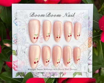 Cherry nails/Light pink cat eye press on nails/Simple gel nails/Holiday fake nails/Unique acrylic nails/Cute manicure/Wedding nails/Almond