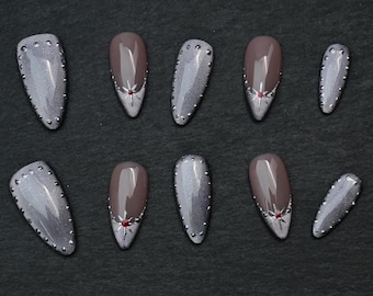 Gothic Silver Press On Nails, Y2K Chrome French Tip Fake Nails, Dark Coquette Star Gel Nails, Handmade Almond Nail Set