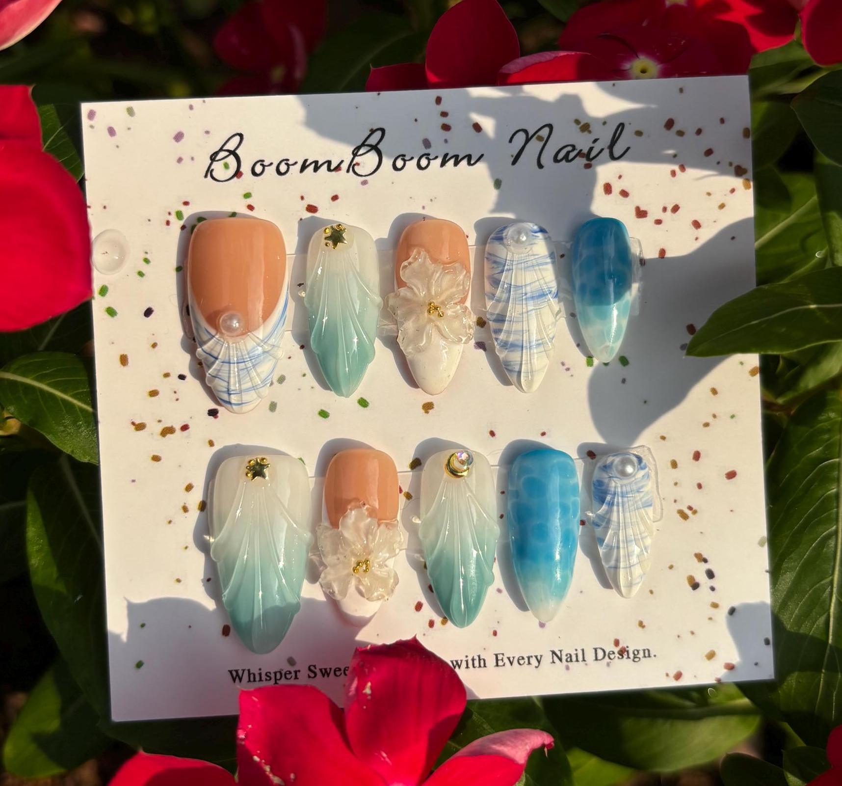 Blue ocean nails/Blossom press on nails/Beach gel nails/Ice flower fake nails/Holiday acrylic nails/Gold star manicure/3D nail art/Elegant