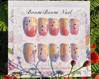 White cat nails/Cute kitty press ons/Colorful fake nails/Pink yellow gel nails/Pet acrylic nails/Gradient color nail art/Hand-painted/Oval