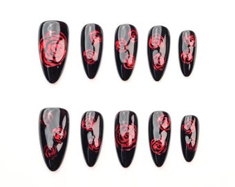 Gothic Rose Acrylic Nails, Black Red Gel Nail, Dark Romance Handmade Fake Nail, Vampire Aesthetic False Nail, Handmade nail art, Almond Nail