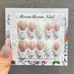 White french nails/Bridesmaid press on nails/Wedding gel nails/Elegant fake nails/Unique acrylic nails/3D nail art/Almond/Engagement nails