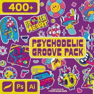 400+ Psychedelic Groove Zeichen Pinsel-Set | Procreate Stempel |  Psychodelic Comic Figuren Digitale Briefmarken | Maskottchen Logo Maker