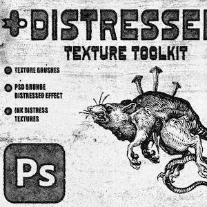 Puede incluir: Ilustración en blanco y negro de una rata angustiada con una textura grunge. La imagen incluye el texto "DISTRESSED" y "TEXTURE TOOLKIT".