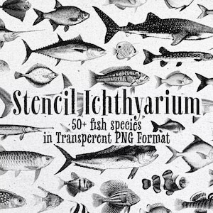 Puede incluir: Una colección de ilustraciones de peces en blanco y negro con varias especies dispuestas alrededor del texto Stencil Ichthyarium 50+ fish species in Transparent PNG Format. El gráfico muestra bocetos detallados de vida marina.