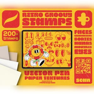 Può includere: Un tablet digitale che mostra una collezione di timbri in stile cartone animato retrò, inclusi volti, personaggi, corpi, mani, bocche e occhi. Lo sfondo giallo presenta il testo Retro Groovy Stamps, 200+ Stamps e Vector Pen Paper Textures.