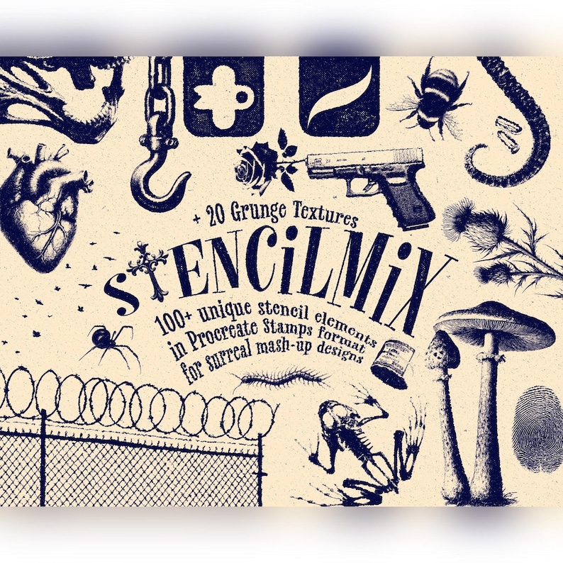 May include: A digital graphic featuring dark blue ink-style illustrations on a beige background, including a heart, a hook, a bee, a handgun with a rose, a spider, barbed wire, a skeleton, and mushrooms, with the text STENCILMIX and 20 Grunge Textures.