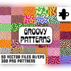 May include: A collection of fifty colorful, wavy, and abstract patterns arranged in a grid. The central white label displays the text GROOVY PATTERNS, while the bottom left corner includes the text 50 VECTOR FILES AI/EPS 300 PNG PATTRENS.