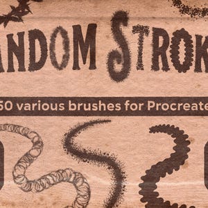 May include: Digital art brushes for Procreate. The image features the text "Random Strokes" in a decorative font, along with the text "50 various brushes for Procreate". The background is a textured, tan color, with various brush stroke examples.