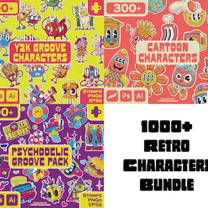 1000+ Retro Cartoon Characters Bundle – Y2K, Psychedelic & Funky Sticker Pack | PNG, EPS, AI | Kawaii Printable Clipart Pack