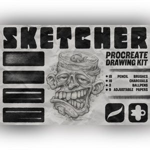 May include: A digital drawing kit titled SKETCHER PROCREATE DRAWING KIT on a crumpled paper background. It features a central illustration of a grinning face with a fishbowl on its head, alongside lists of 15 pencil brushes, 10 charcoals, 3 ballpens, and 9 adjustable papers.