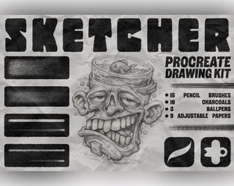 Pacchetto di pennelli per schizzi Procreate: pennelli realistici a matita, carboncino e penna a sfera + tele di carta regolabili