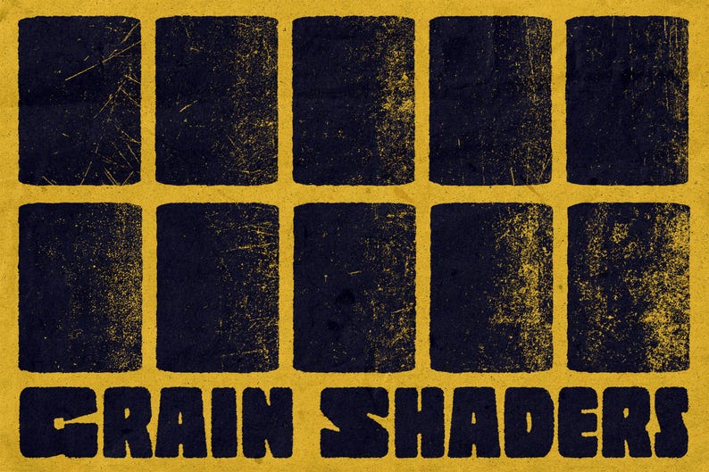 Puede incluir: Un dise&ntilde;o gr&aacute;fico que presenta diez bloques rectangulares de color azul marino oscuro dispuestos en dos filas de cinco sobre un fondo amarillo texturizado. Cada bloque muestra un patr&oacute;n de grano desgastado &uacute;nico. El texto GRAIN SHADERS aparece en azul marino.