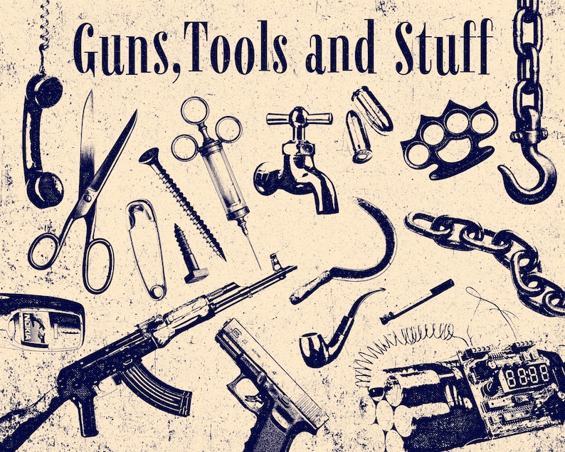 May include: A dark blue graphic print on a light beige background featuring the text Guns, Tools and Stuff. The illustration includes a telephone handset, scissors, safety pin, screws, syringe, water faucet, bullets, brass knuckles, chain, hook, sickle, pipe, Nokia phone, rifle, handgun, and a digital timer bomb.