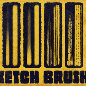 Puede incluir: Un gr&aacute;fico rectangular amarillo con seis paneles verticales negros, cada uno mostrando una textura de pincelada amarilla &uacute;nica. Debajo de los paneles, el texto SKETCH BRUSHES est&aacute; impreso en una fuente negra, negrita y cuadrada sobre fondo amarillo.