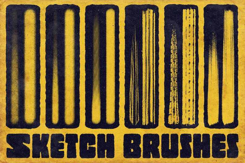 Puede incluir: Un gr&aacute;fico rectangular amarillo con seis paneles verticales negros, cada uno mostrando una textura de pincelada amarilla &uacute;nica. Debajo de los paneles, el texto SKETCH BRUSHES est&aacute; impreso en una fuente negra, negrita y cuadrada sobre fondo amarillo.