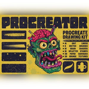 Könnte beinhalten: Eine gelbe Werbegrafik für ein digitales Zeichenset mit dem Titel PROCREATOR PROCREATE DRAWING KIT, die einen grünen Zombiekopf mit freiliegendem Gehirn, Stiften im Mund und verschiedenen Pinselstrichproben auf der linken Seite zeigt.