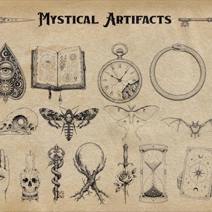 Puede incluir: Una colecci&oacute;n de ilustraciones en tinta negra sobre papel beige titulada MYSTICAL ARTIFACTS. Incluye una planchette, un libro abierto, un reloj de bolsillo, un ouroboros, un gato, un cr&aacute;neo de ave, una polilla, una mariposa, un murci&eacute;lago, una mano, una calavera, una llave, una bola de cristal, una espada con rosa, un reloj de arena y cartas de tarot.