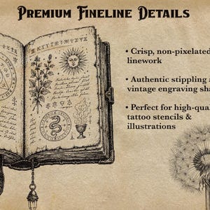 Puede incluir: Una ilustraci&oacute;n de un libro abierto con dibujos en tinta negra de un ojo en un tri&aacute;ngulo, un sol, una serpiente y un c&aacute;liz sobre papel color pergamino. El texto dice Premium Fineline Details, Crisp, non-pixelated linework, Authentic stippling and vintage engraving shading, y un diente de le&oacute;n.