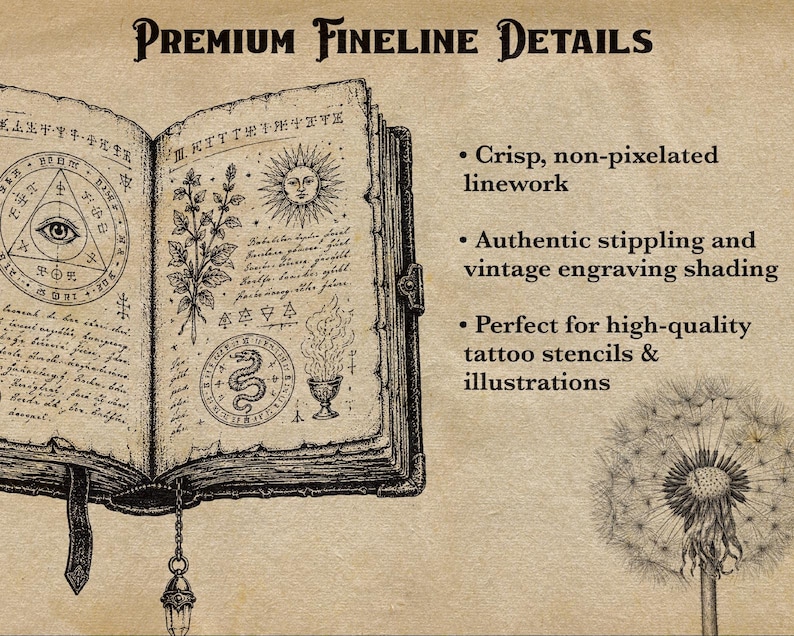 Puede incluir: Una ilustraci&oacute;n de un libro abierto con dibujos en tinta negra de un ojo en un tri&aacute;ngulo, un sol, una serpiente y un c&aacute;liz sobre papel color pergamino. El texto dice Premium Fineline Details, Crisp, non-pixelated linework, Authentic stippling and vintage engraving shading, y un diente de le&oacute;n.