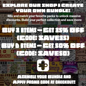 May include: A digital graphic display featuring a collage of various design asset packs. The text reads: EXPLORE OUR SHOP & CREATE YOUR OWN BUNDLE! BUY 3 ITEMS - GET 35% OFF (CODE: SAVE35) BUY 6 ITEMS - GET 50% OFF (CODE: SAVE50) ASSEMBLE YOUR BUNDLE AND APPLY PROMO CODE AT CHECKOUT!