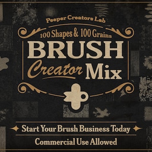 Puede incluir: Fondo oscuro con borde dorado y texto « BRUSH Creator Mix ». La imagen incluye el texto « 100 formas y 100 granos » y « Comienza tu negocio de pinceles hoy ». Se muestran varias texturas de pinceladas.