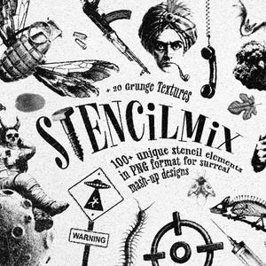 May include: Black and white collage featuring various grunge textures and stencil elements. Includes images of a bee, a gun, a man in a turban, and the text "STENCILMIX". The image also contains the text "100+ unique stencil elements in PNG format for surreal mash-up designs".