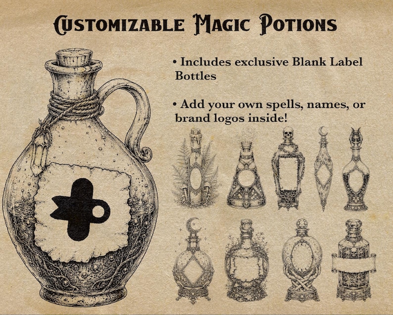 Puede incluir: Un gr&aacute;fico de estilo pergamino beige con el texto CUSTOMIZABLE MAGIC POTIONS, Includes exclusive Blank Label Bottles y Add your own spells, names, or brand logos inside. Muestra una botella grande estilo tinta y nueve ilustraciones de botellas.