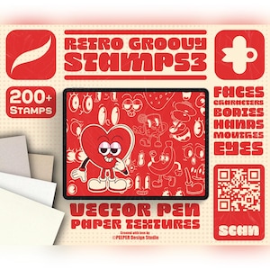 Op de afbeelding: Een digitale grafische set genaamd Retro Groovy Stamps 3 met meer dan 200 stempels, waaronder gezichten, karakters, lichamen, handen, monden en ogen. Het scherm toont een hartfiguur en een QR-code om te scannen op een lichte achtergrond.