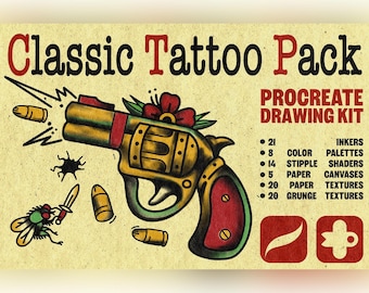 Pennelli Tattoo Tradizionali per Procreate – Old School Tattoo Brush Set, Vintage Ink Liner, Stipple Shading & Flash Tattoo Kit