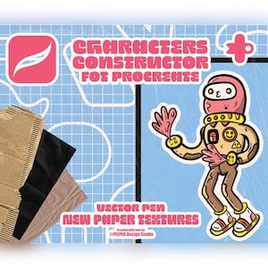 Peut inclure: Un kit de conception numérique pour Procreate avec le texte CHARACTERS CONSTRUCTOR FOR PROCREATE et VECTOR PEN NEW PAPER TEXTURES. L'image montre un personnage de dessin animé avec un casque rose, des membres bruns et des chaussures jaunes.