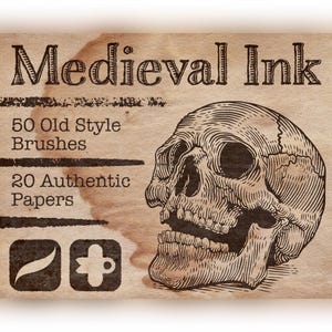 Puede incluir: Un gráfico digital con el texto Medieval Ink, 50 Old Style Brushes y 20 Authentic Papers. El diseño incluye una ilustración detallada en tinta negra de un cráneo humano sobre un fondo beige texturizado con manchas de tinta marrón.