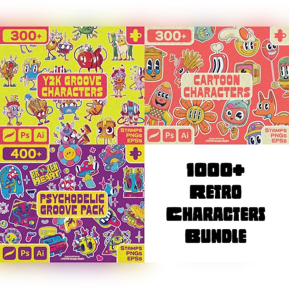 Retro Cartoon Character Bundle – Y2K Mascot PNG Clipart, Kawaii Sticker Graphics (Digital Download)