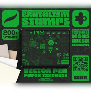 May include: A digital collection of 200+ Brutalism stamps, backgrounds, textures, icons, and mesh elements in bright green on a black background. The display features various graphic symbols, a QR code, and the text Brutalism Stamps.