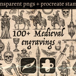 May include: Black and white medieval engravings, including a witch, knights on horseback, a skull, and a bell. The text reads "100+ Medieval engravings" and "transparent pngs + procreate stamps".
