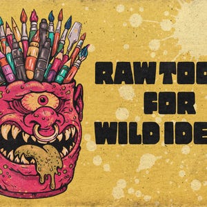Puede incluir: Un estampado gr&aacute;fico amarillo que muestra una cabeza de monstruo c&iacute;clope rosa que act&uacute;a como portal&aacute;pices lleno de varios pinceles y bol&iacute;grafos coloridos. El texto RAW TOOLS FOR WILD IDEAS est&aacute; impreso en letras negras negritas a la derecha.