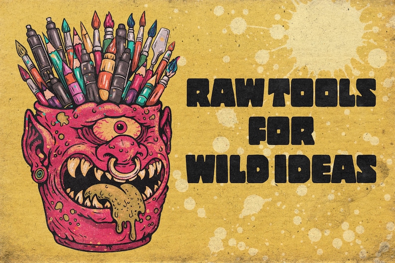 Puede incluir: Un estampado gr&aacute;fico amarillo que muestra una cabeza de monstruo c&iacute;clope rosa que act&uacute;a como portal&aacute;pices lleno de varios pinceles y bol&iacute;grafos coloridos. El texto RAW TOOLS FOR WILD IDEAS est&aacute; impreso en letras negras negritas a la derecha.