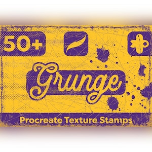 Può includere: Una grafica digitale con sfondo giallo, accenti viola e texture usurate. Il testo recita 50+ Grunge Procreate Texture Stamps. Include un'icona Procreate, un segno più e l'etichetta centrale in carattere corsivo con la scritta Grunge.